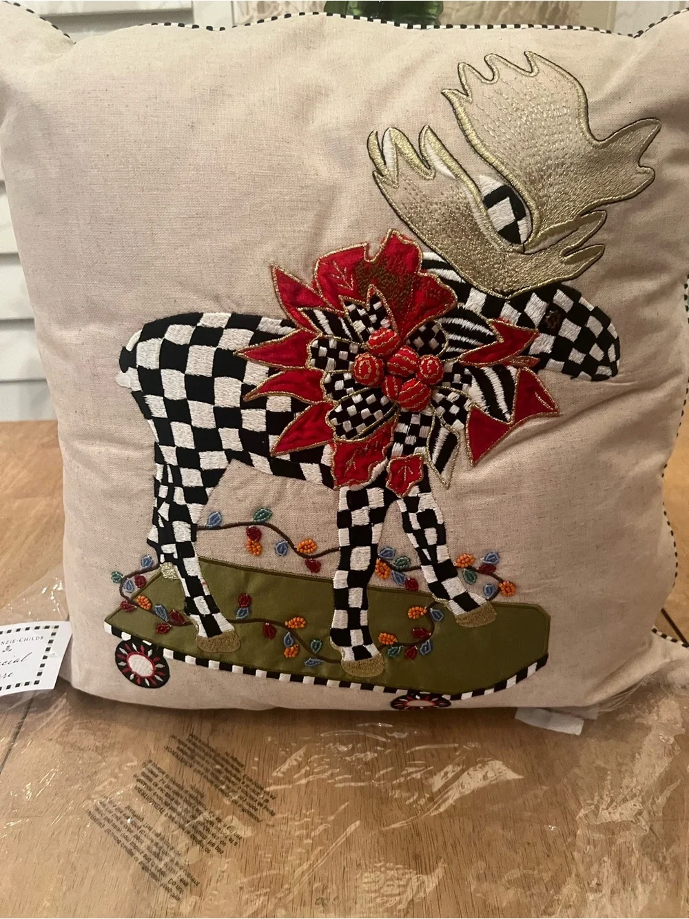 MacKenzie-Childs Black & White Check Moose Pillow Red & Gold new w/tag Christmas